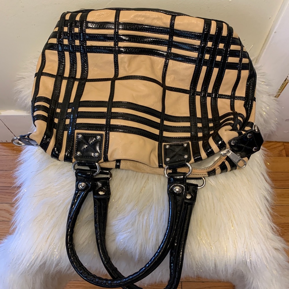 Badgley Mischka Handbag Purse Black Tan Leather - Picture 3 of 12